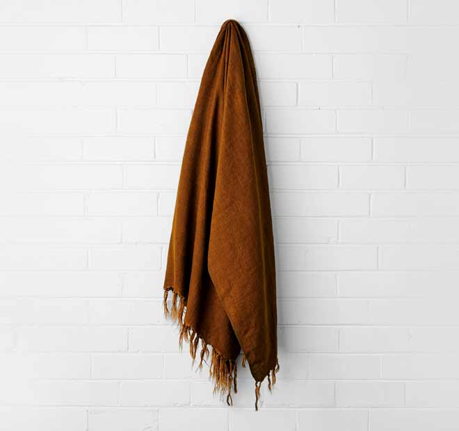 Vintage Linen Fringe 130x170cm Throw Rug Tobacco
