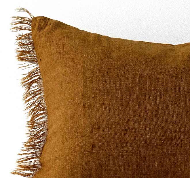 Vintage Linen Fringe 35x55cm Filled Cushion Tobacco - Image 2