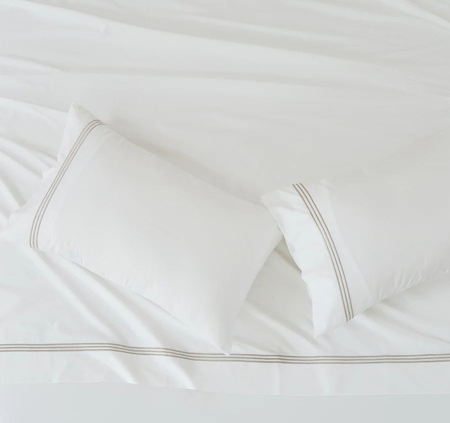 Signature 500TC Embroidered Egyptian Cotton Standard Pillowcase Pair Pure White and Warm Taupe - Image 3