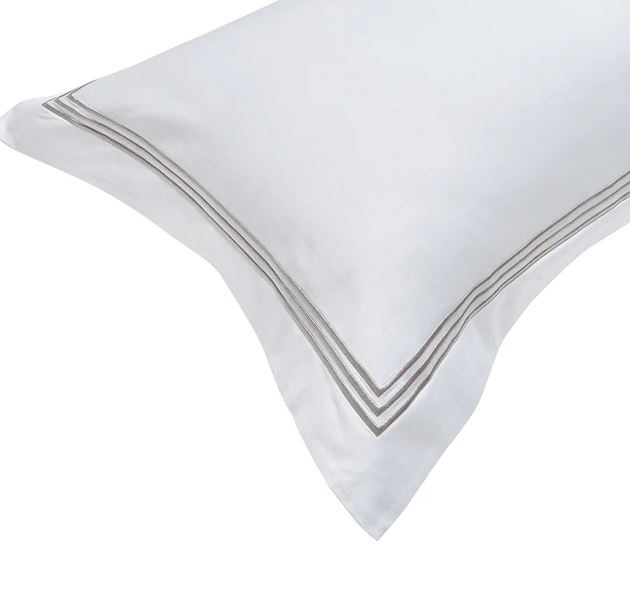 Signature 500TC Embroidered Egyptian Cotton Tailored European Pillowcase Pure White and Warm Taupe - Image 3