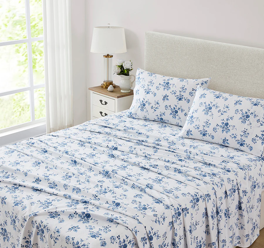 China Rose Printed Flannelette Cotton Sheet Set Range Midnight Blue